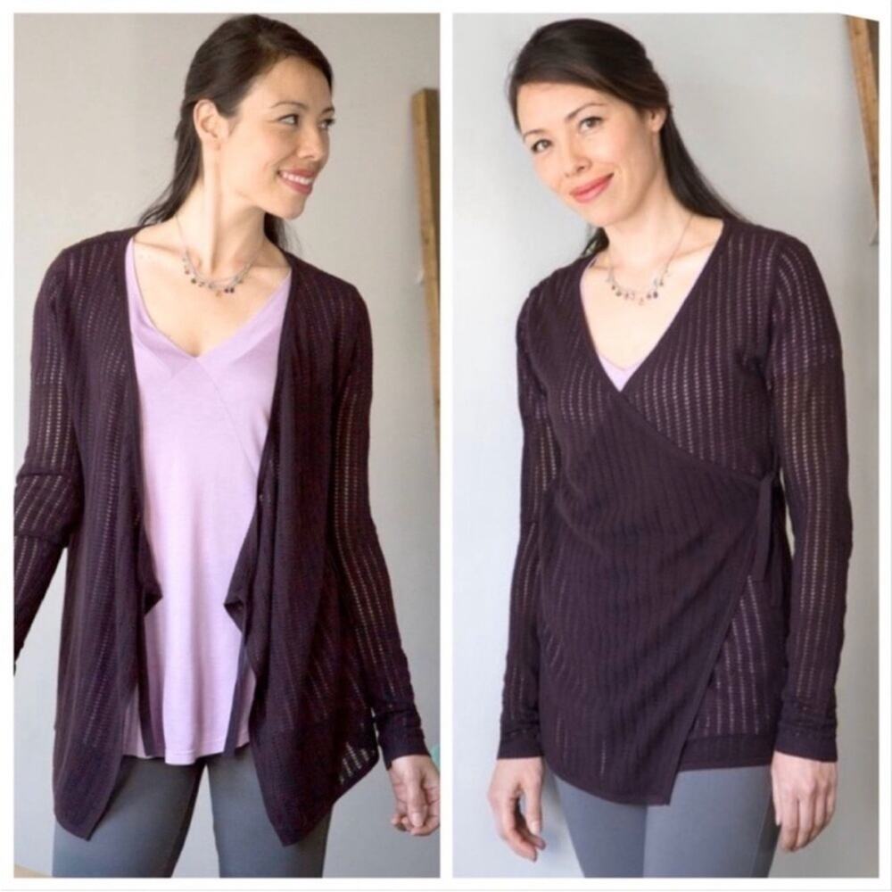 Betabrand dark purple open knit silk blend wrap front sweater size Medium